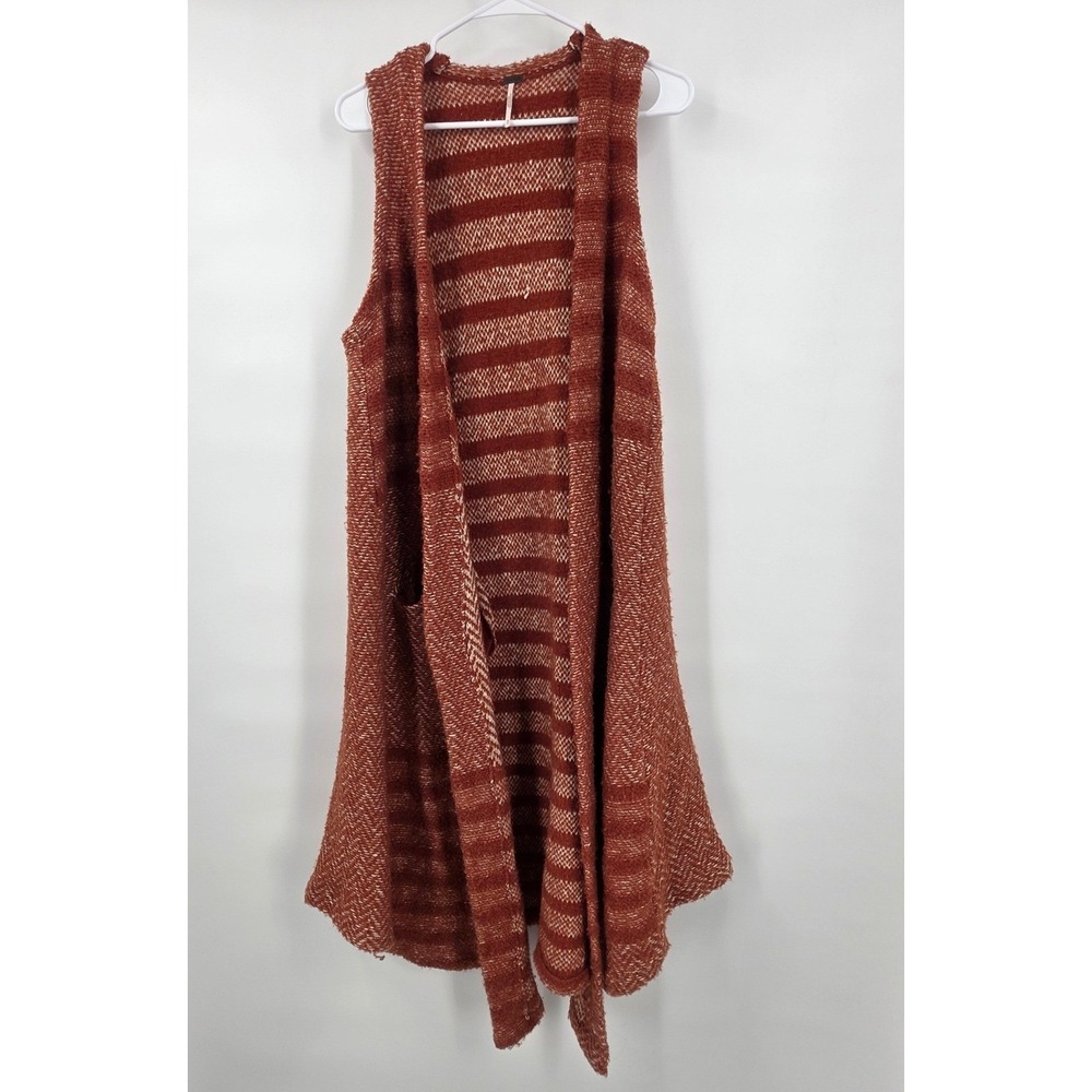 FREE PEOPLE LONG SWEATER VEST WOMENS SMALL RUST ORANGE STRIPED KNIT OPEN FRONT